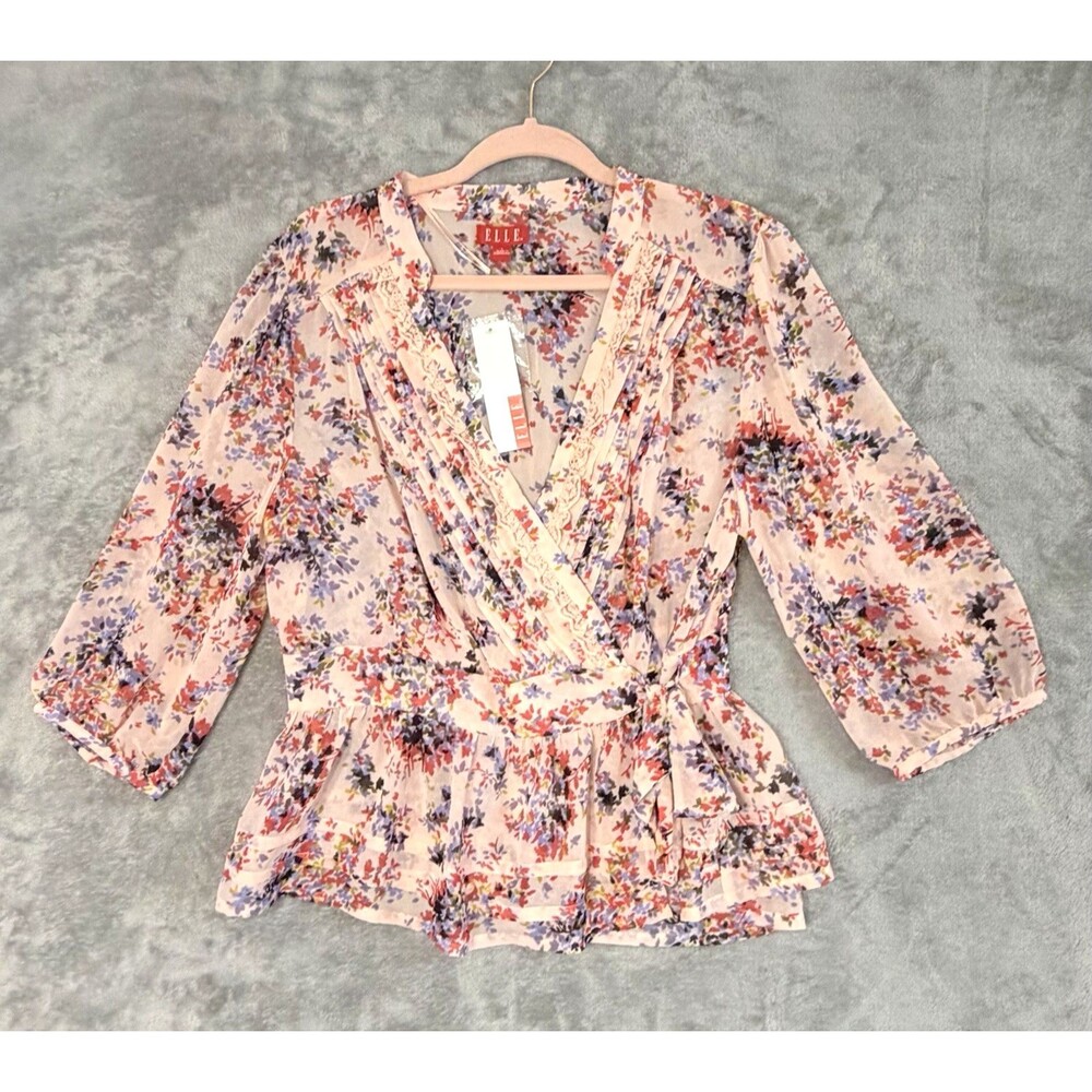 Elle Womens Large‎ Floral Wrap Blouse Pink Tie Waist Lightweight Top